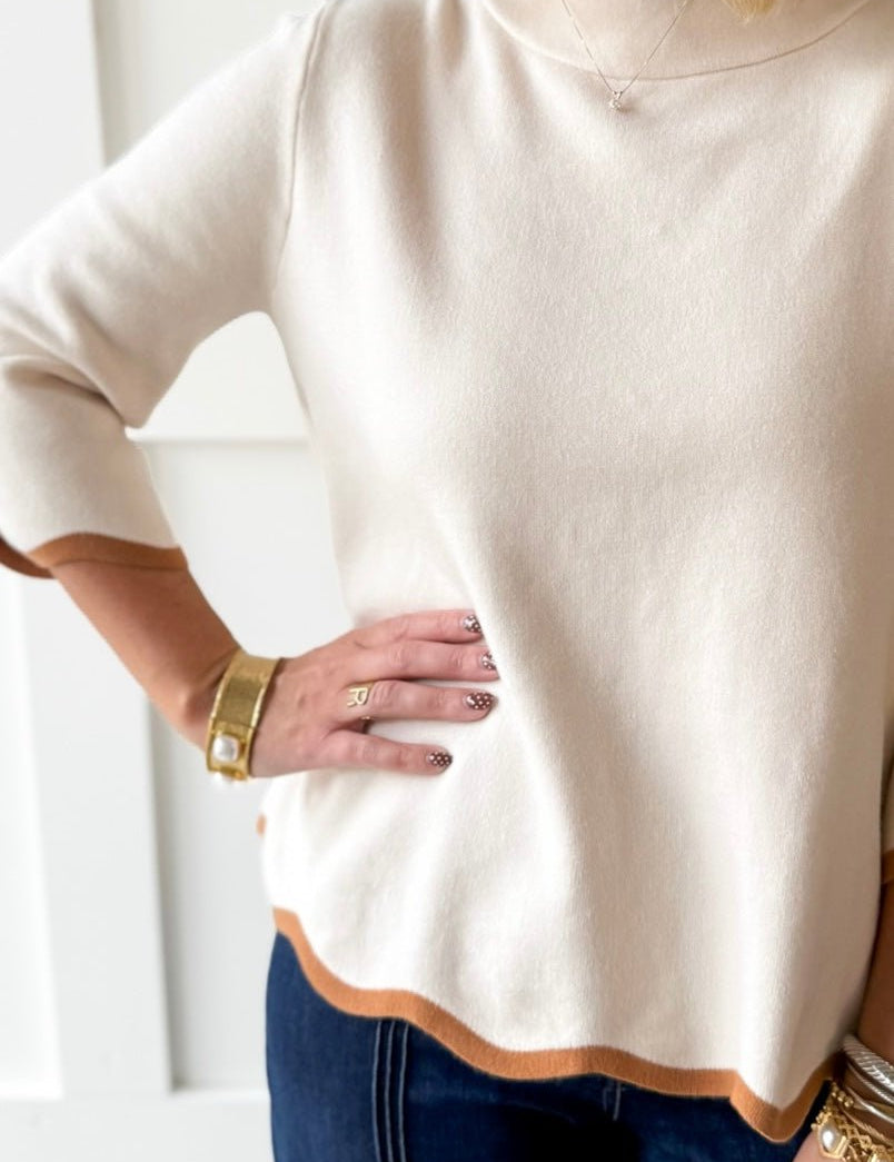 Scallop Edge Mock Sweater - Cream/Camel