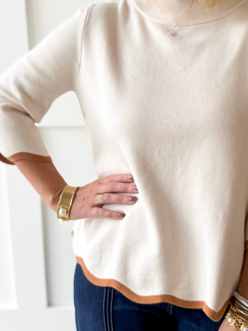 Scallop Edge Mock Sweater - Cream/Camel