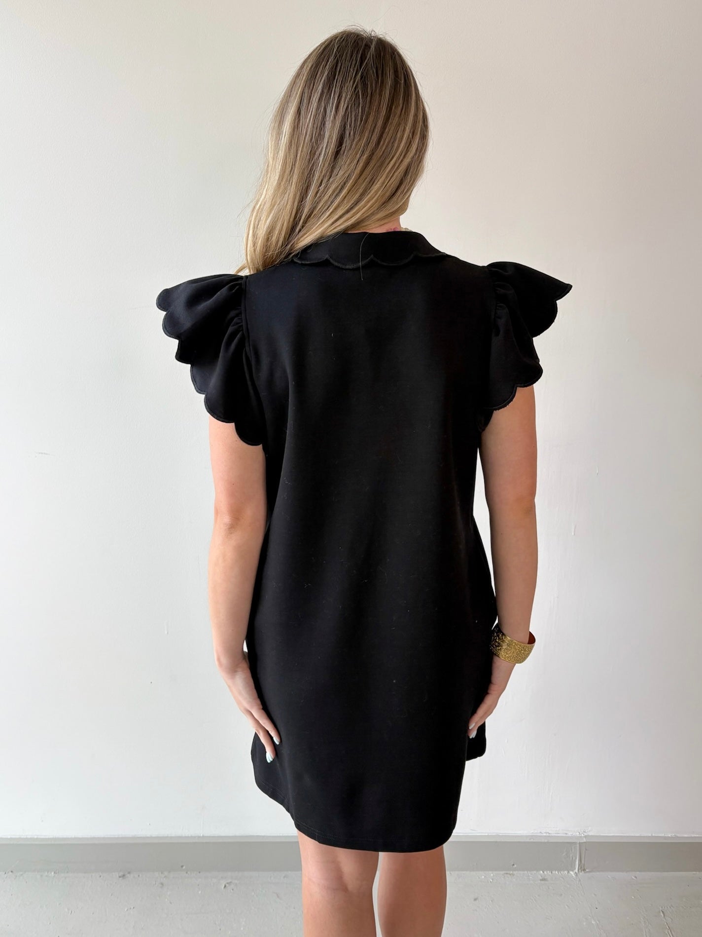 Scallop Flutter Sleeve Mini Dress - Black