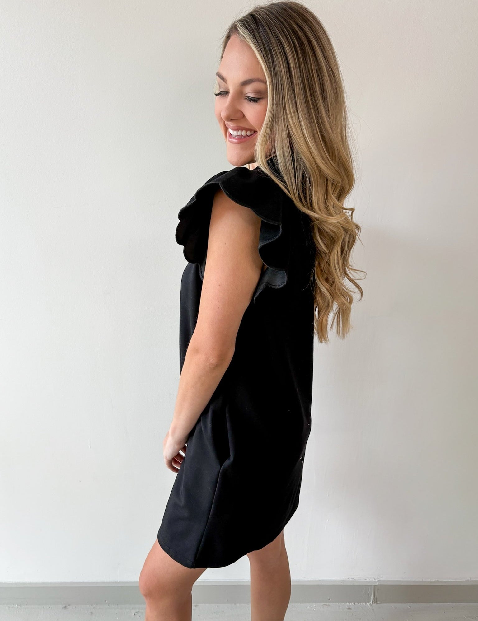 Scallop Flutter Sleeve Mini Dress - Black