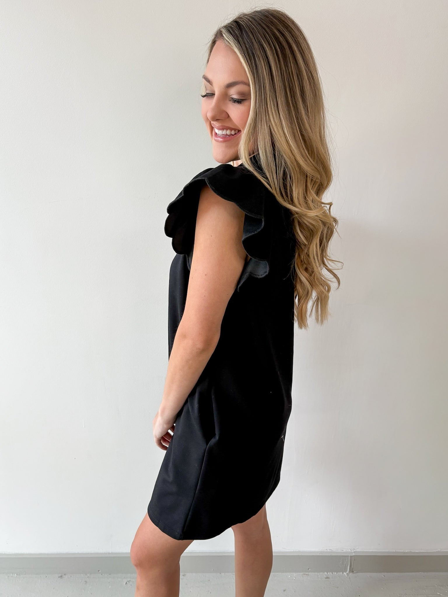 Scallop Flutter Sleeve Mini Dress - Black