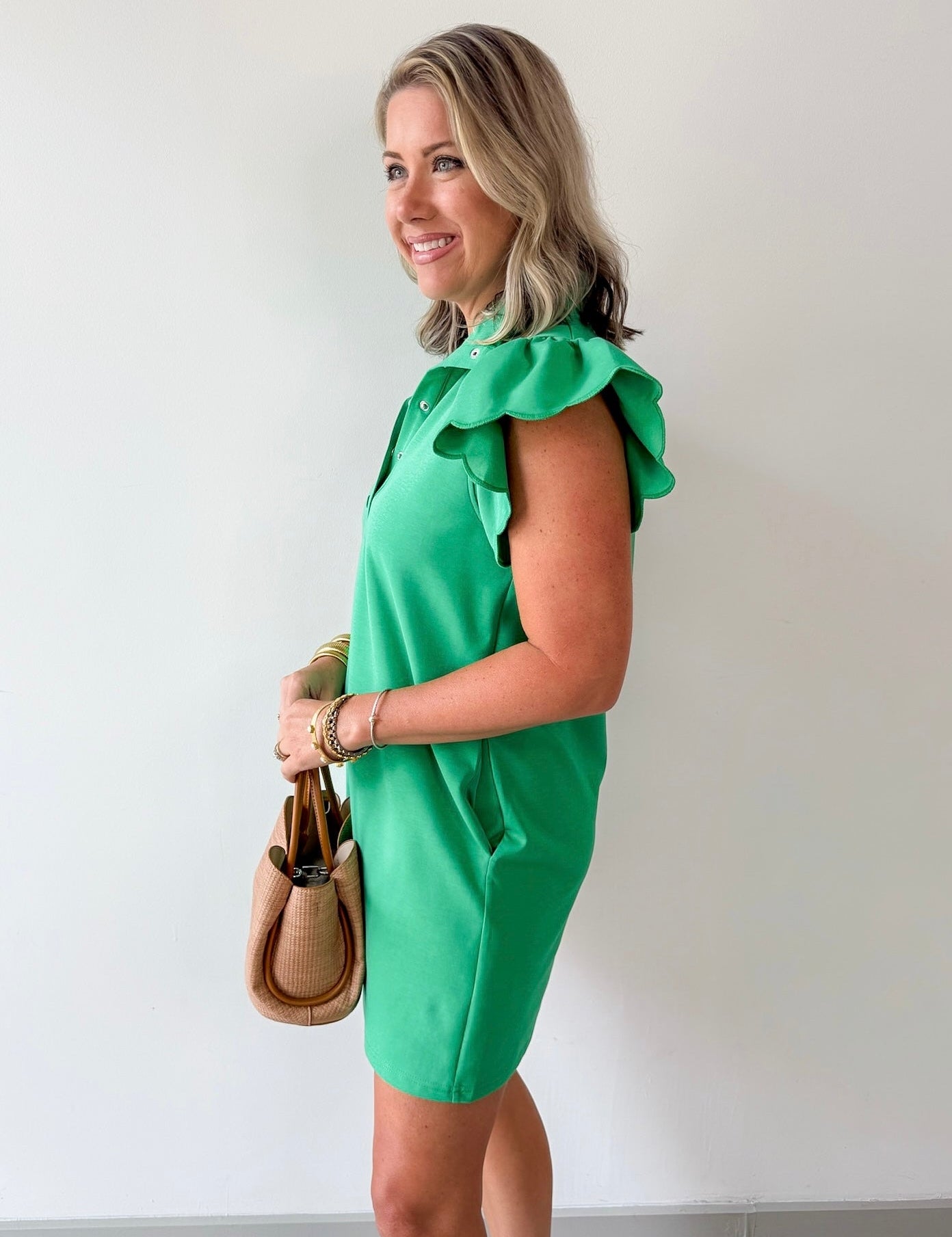 Scallop Flutter Sleeve Mini Dress - Green