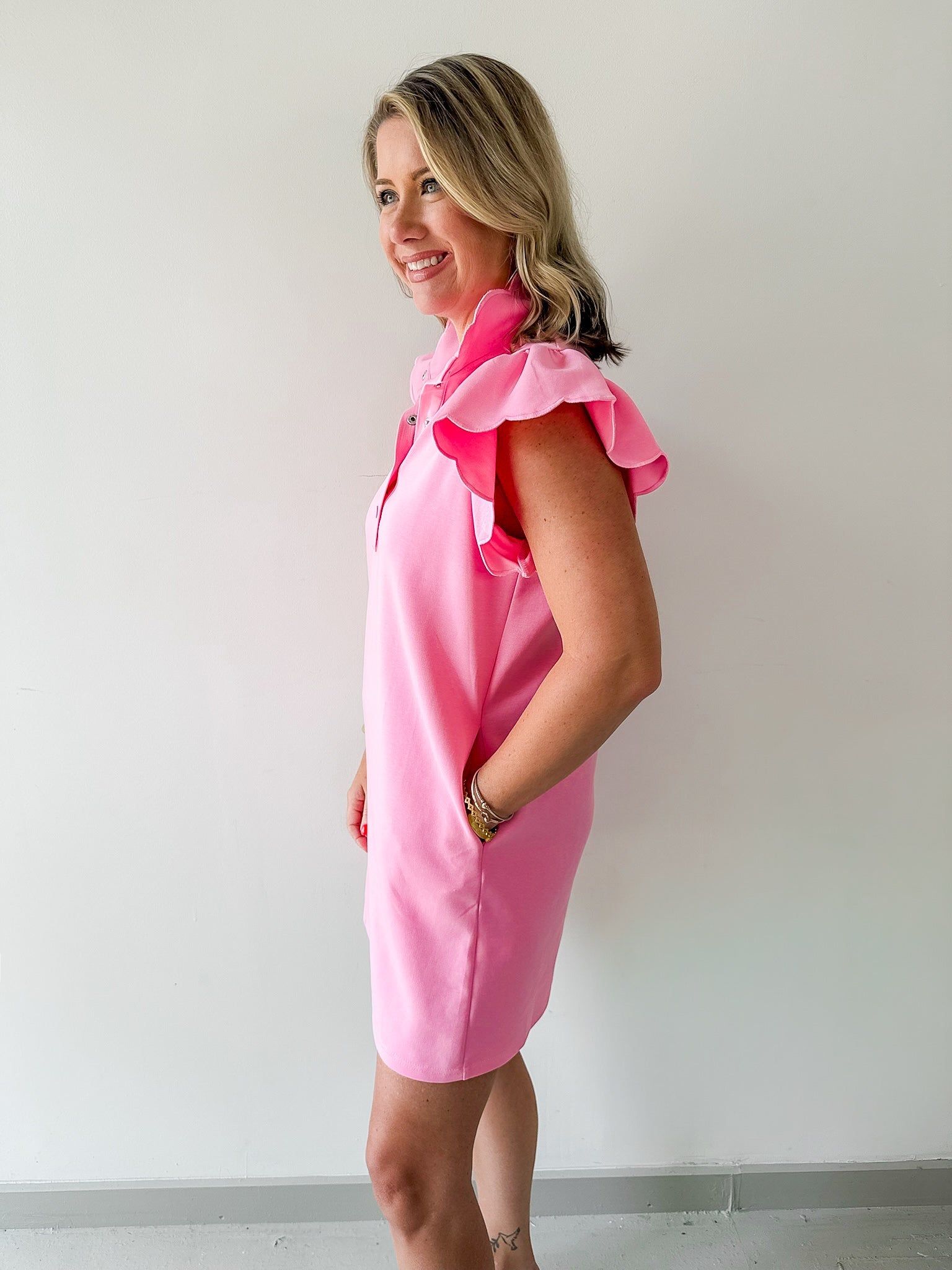 Scallop Flutter Sleeve Mini Dress - Pink