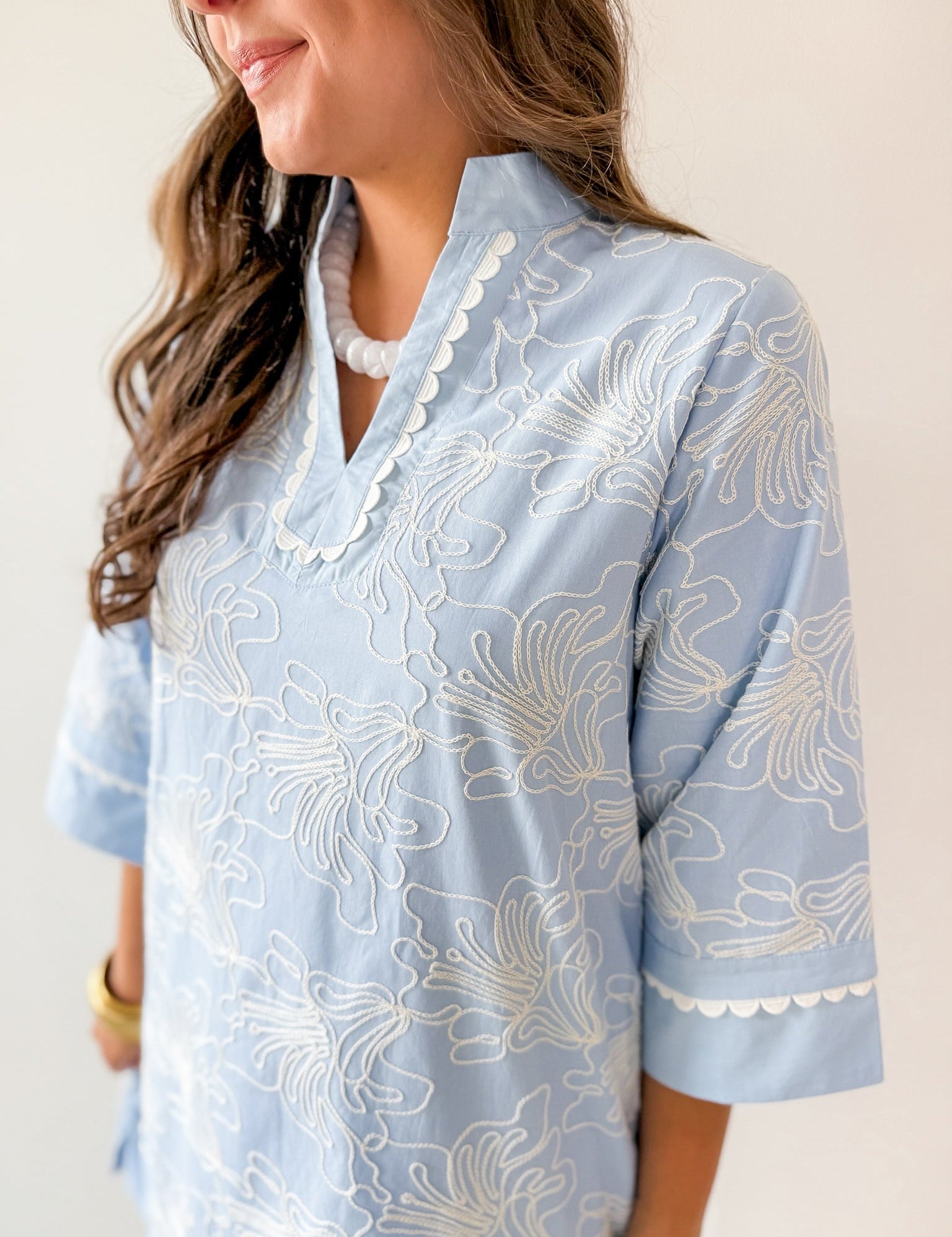 Scallop Trim 3D Embroidery Shift Dress