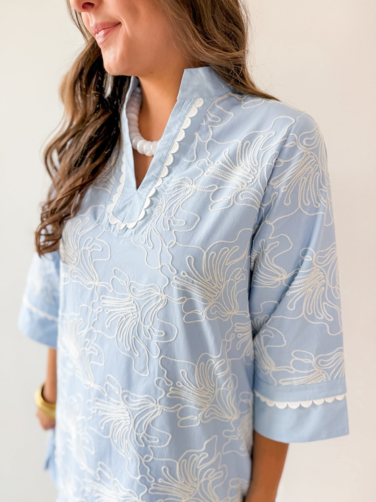 Scallop Trim 3D Embroidery Shift Dress