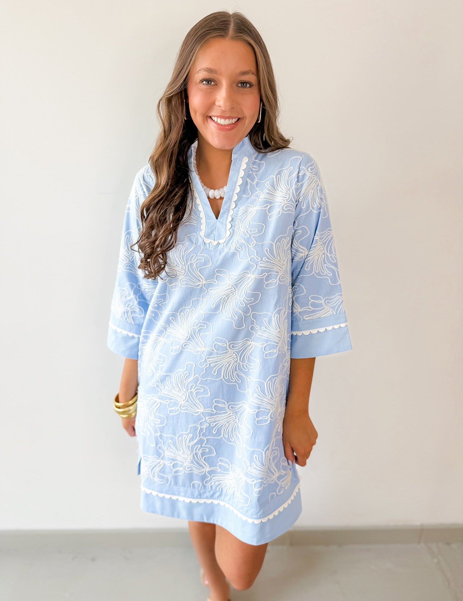 Scallop Trim 3D Embroidery Shift Dress
