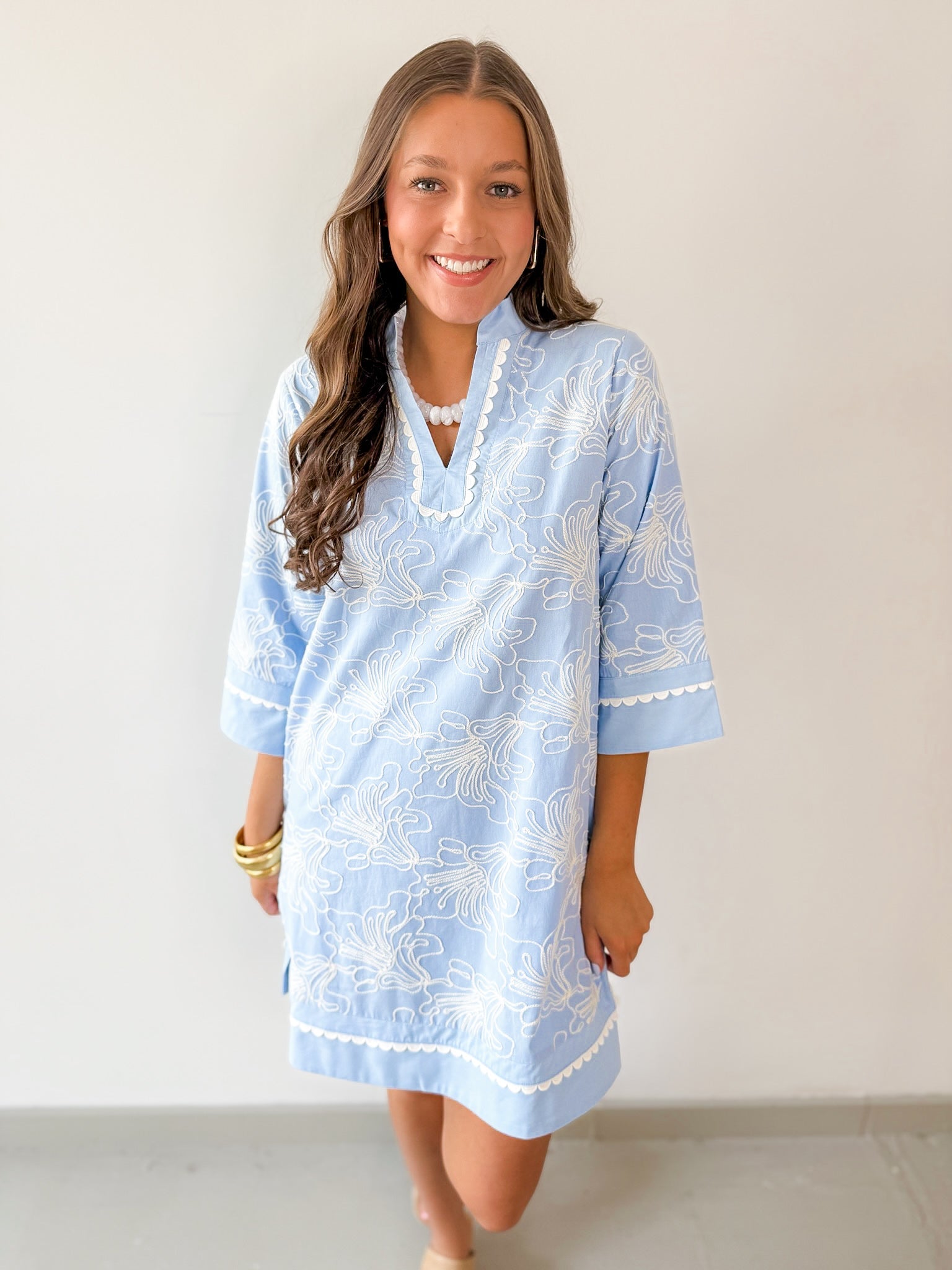 Scallop Trim 3D Embroidery Shift Dress