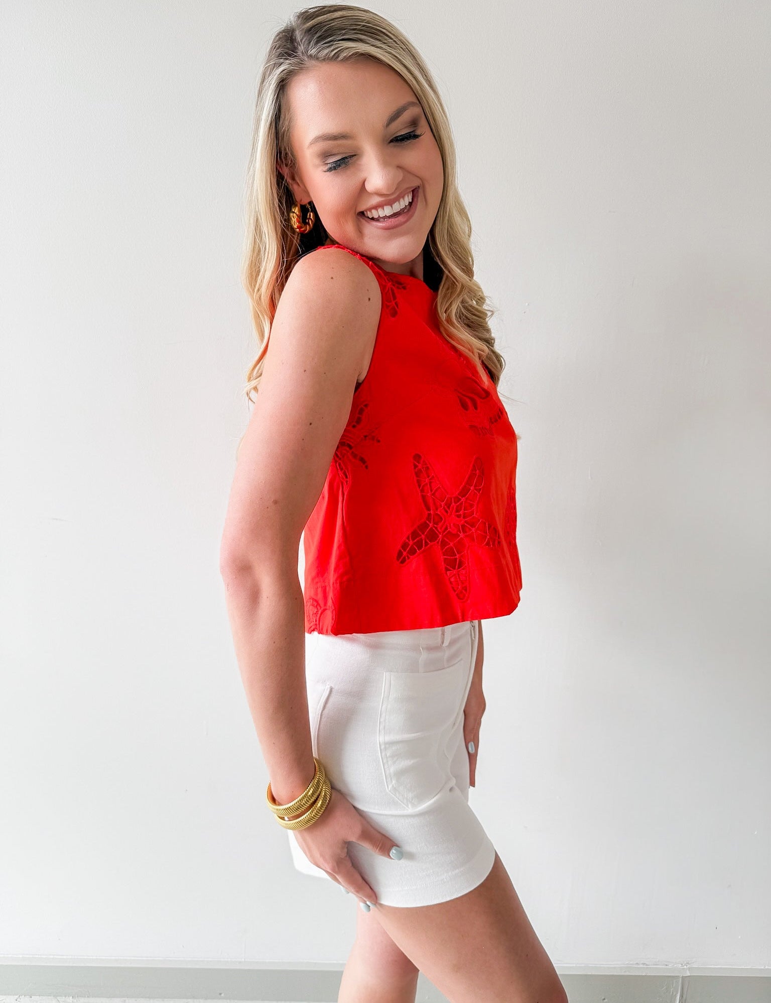 Seaside Embroidered Eyelet Top - Coral