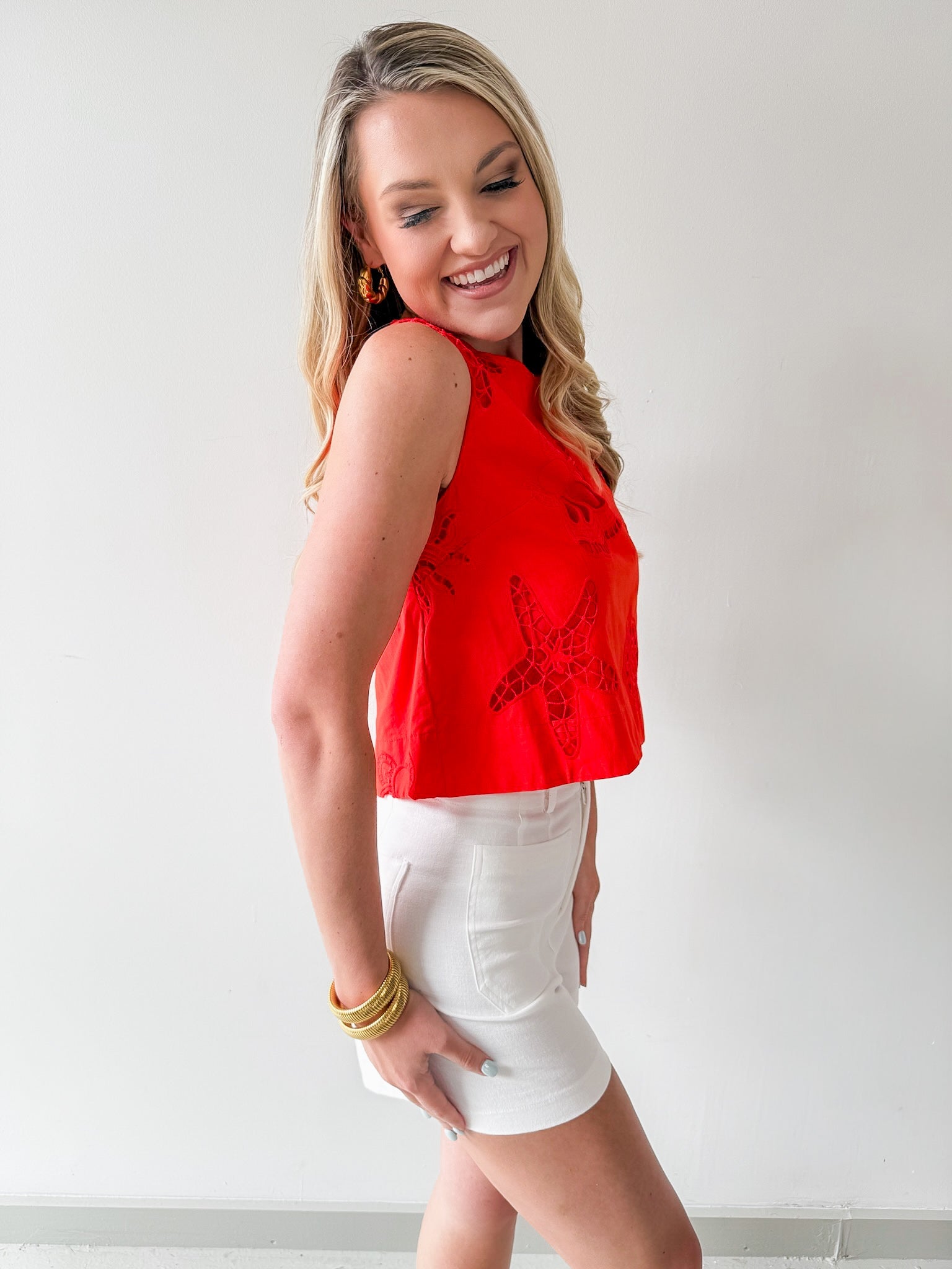 Seaside Embroidered Eyelet Top - Coral