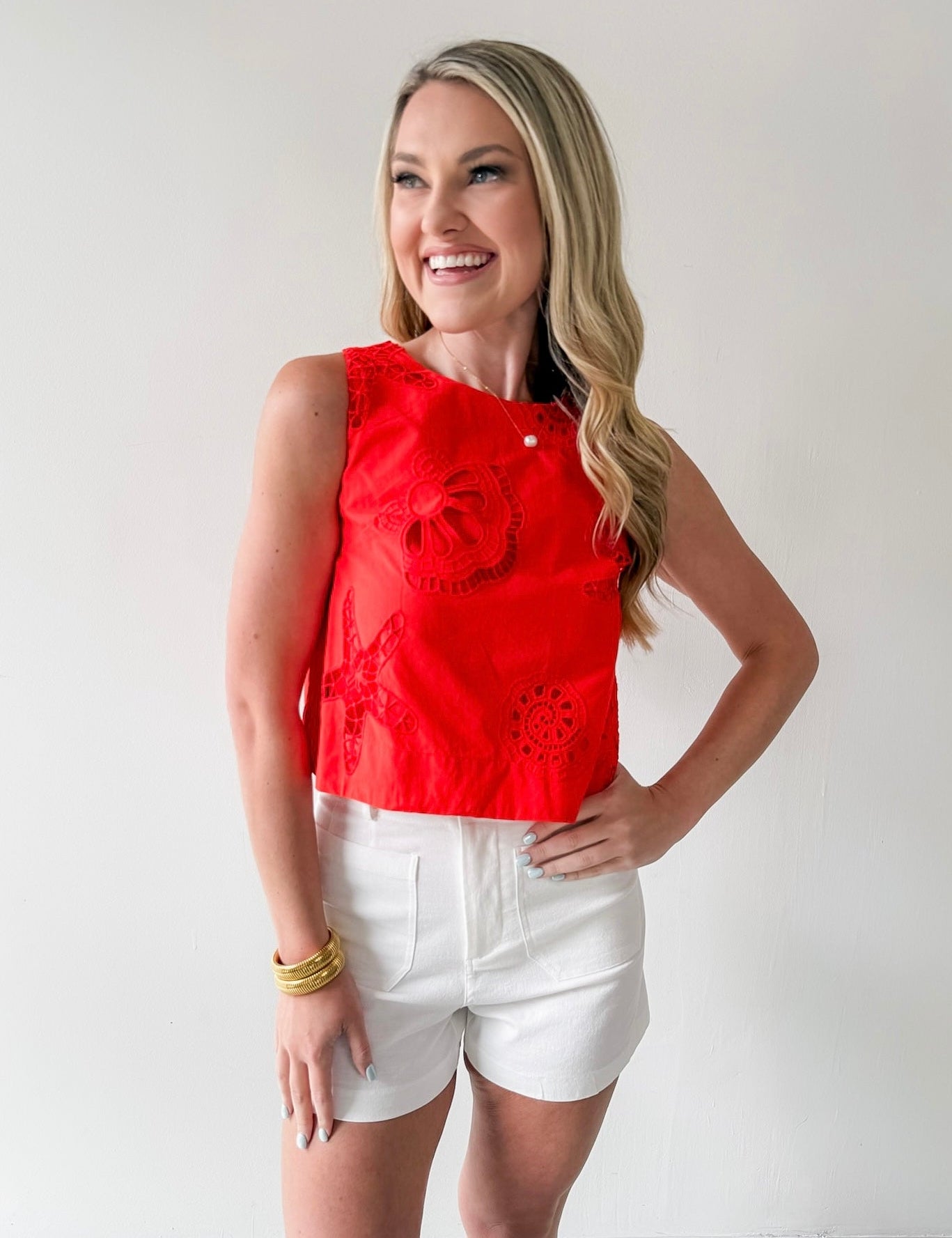 Seaside Embroidered Eyelet Top - Coral