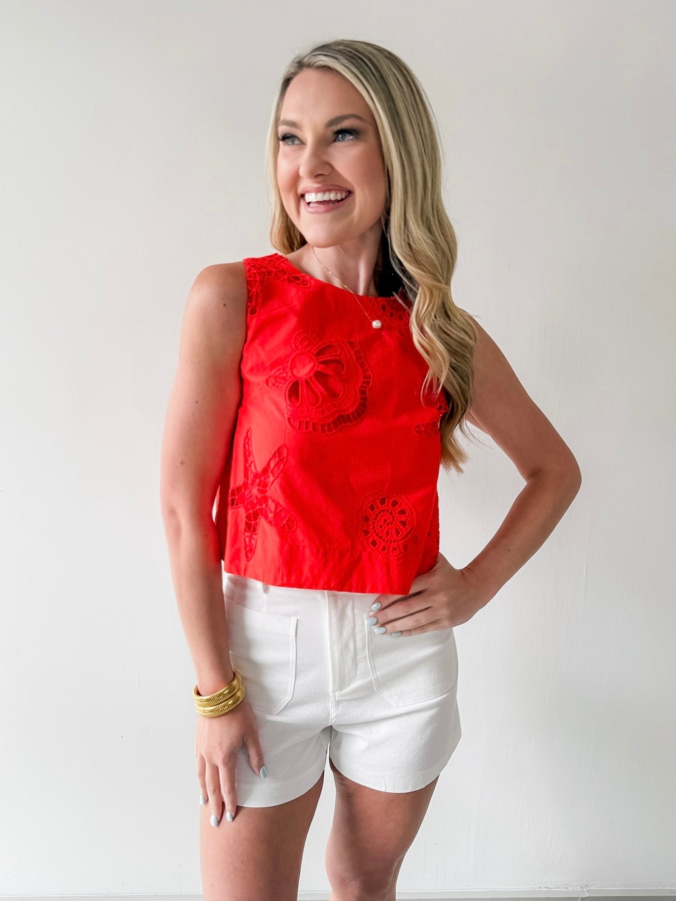 Seaside Embroidered Eyelet Top - Coral