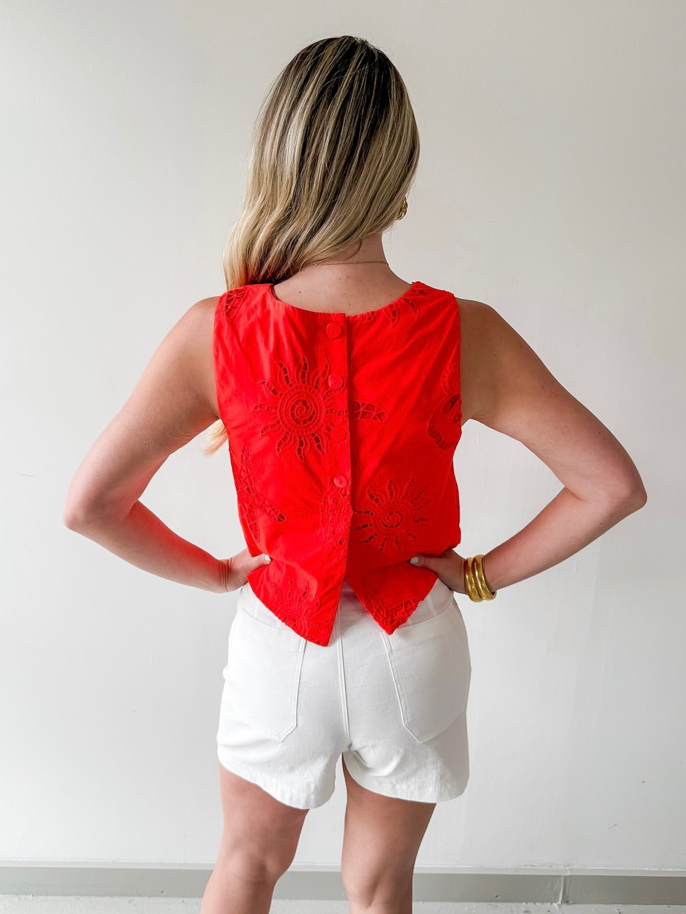 Seaside Embroidered Eyelet Top - Coral