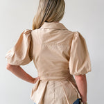 Self Tie Puff Sleeve Top - Taupe