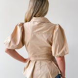 Self Tie Puff Sleeve Top - Taupe