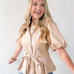 Self Tie Puff Sleeve Top - Taupe