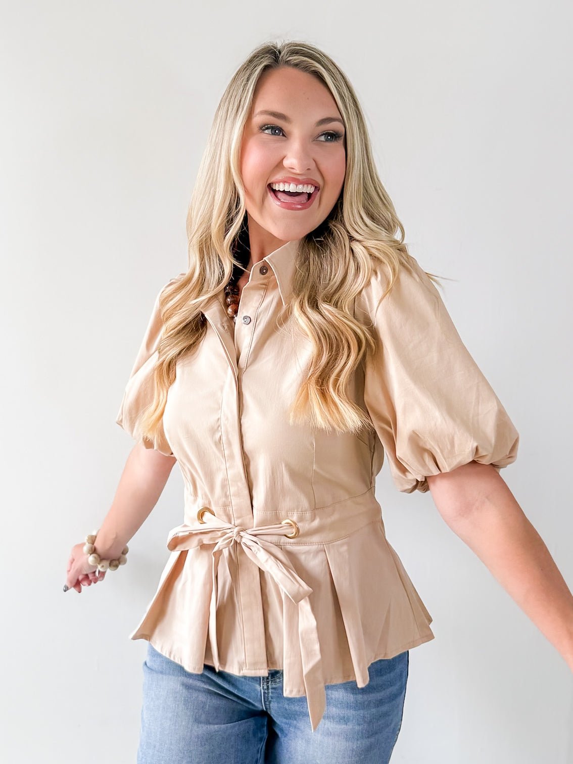 Self Tie Puff Sleeve Top - Taupe