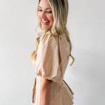 Self Tie Puff Sleeve Top - Taupe