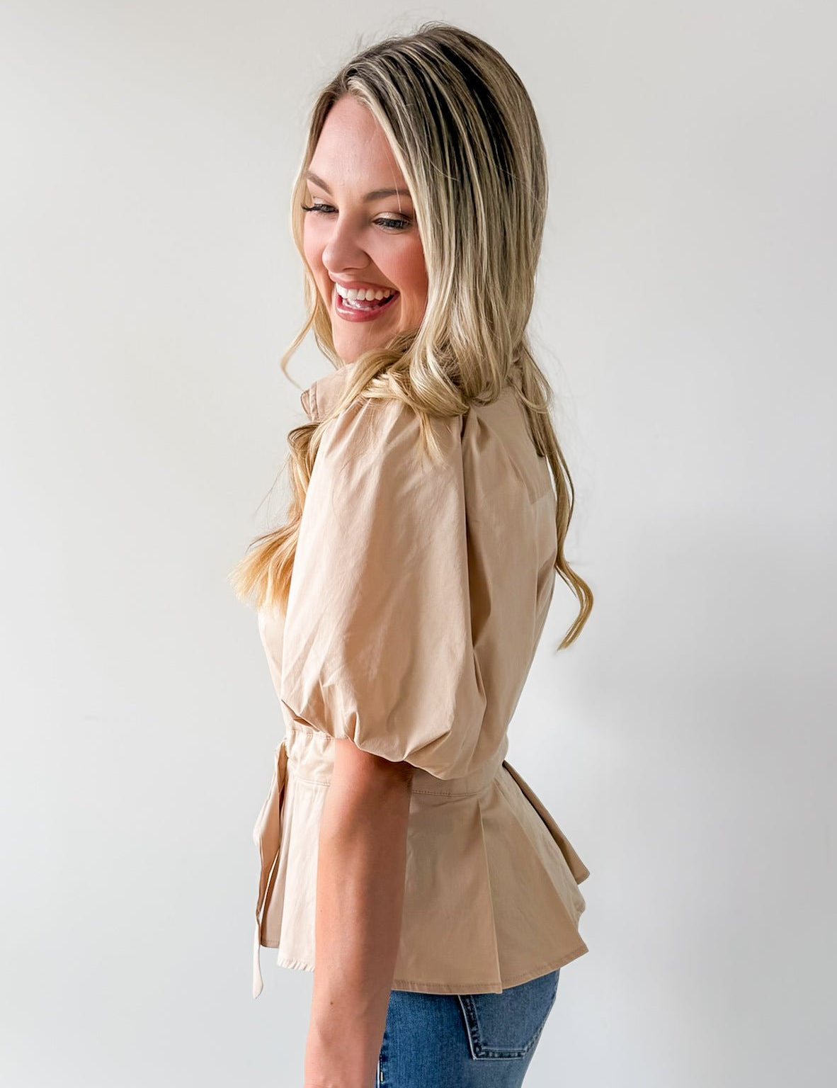 Self Tie Puff Sleeve Top - Taupe