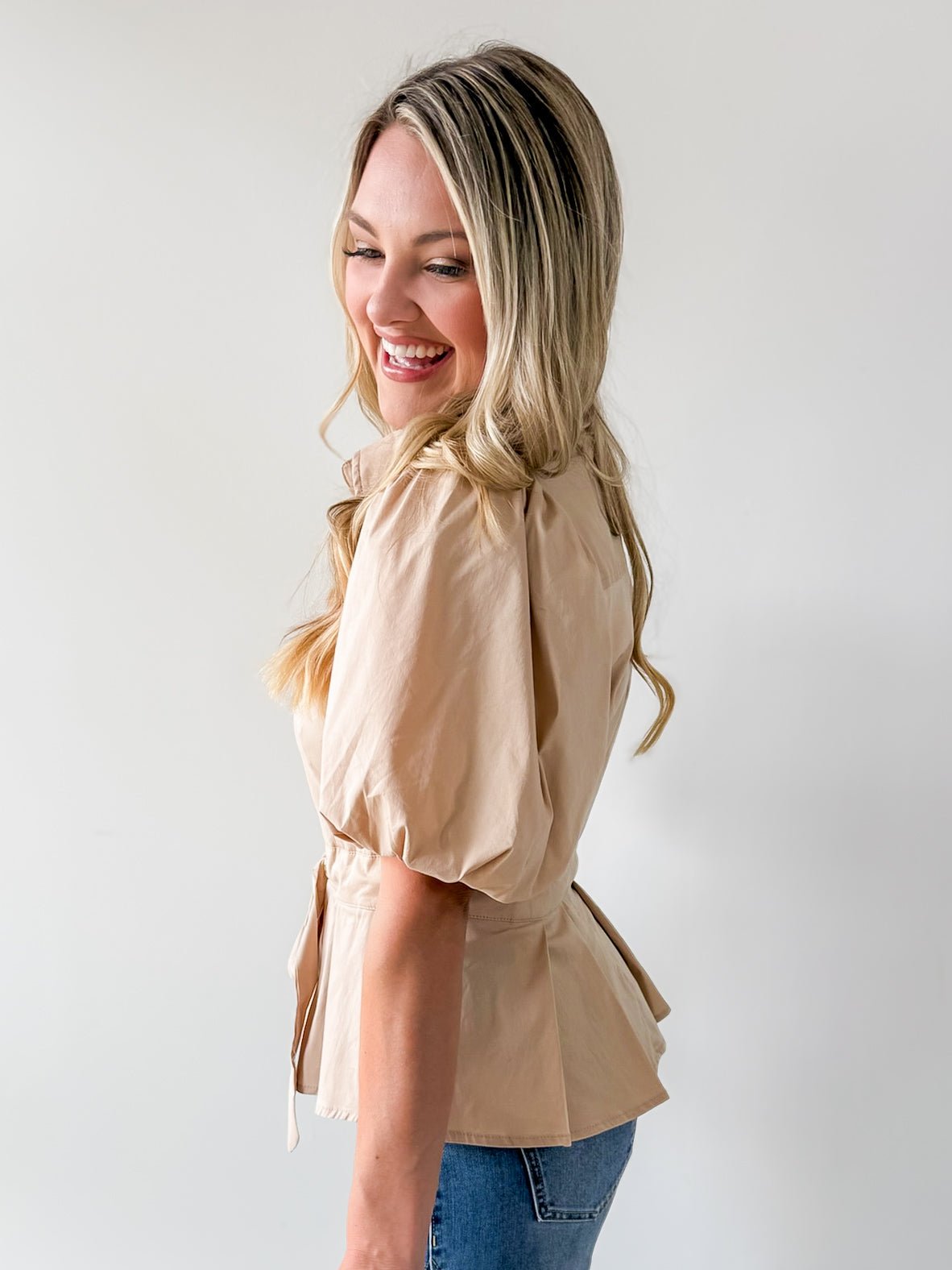 Self Tie Puff Sleeve Top - Taupe