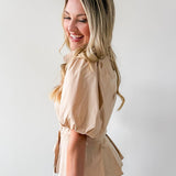 Self Tie Puff Sleeve Top - Taupe