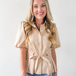 Self Tie Puff Sleeve Top - Taupe