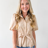 Self Tie Puff Sleeve Top - Taupe