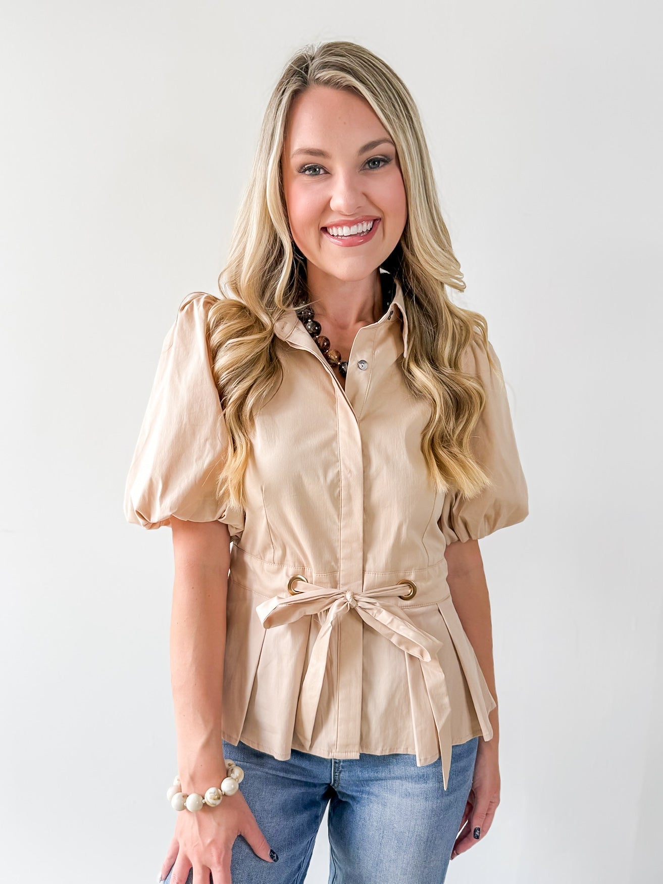 Self Tie Puff Sleeve Top - Taupe
