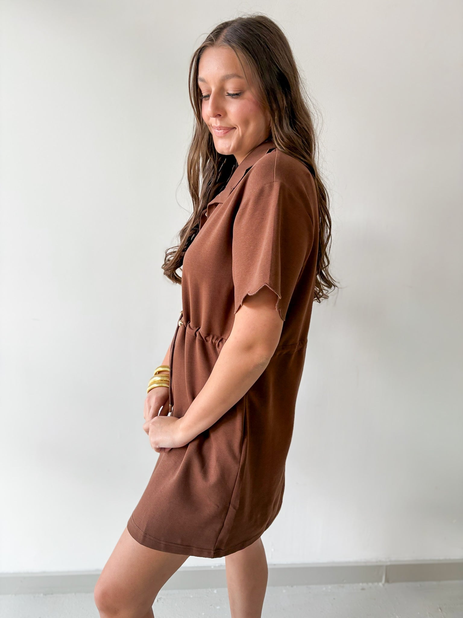 Self Tie Scallop Details Dress - Brown