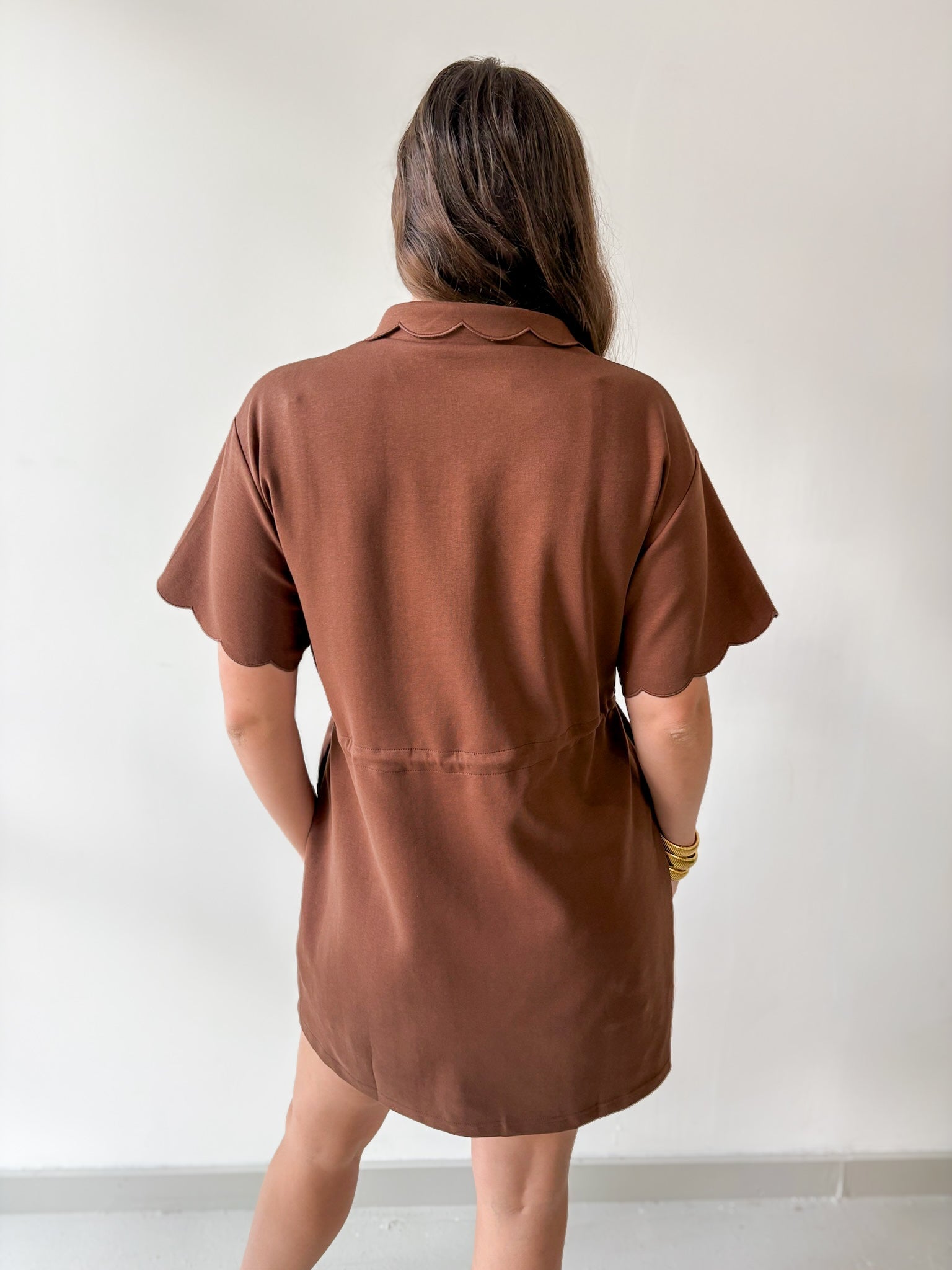 Self Tie Scallop Details Dress - Brown