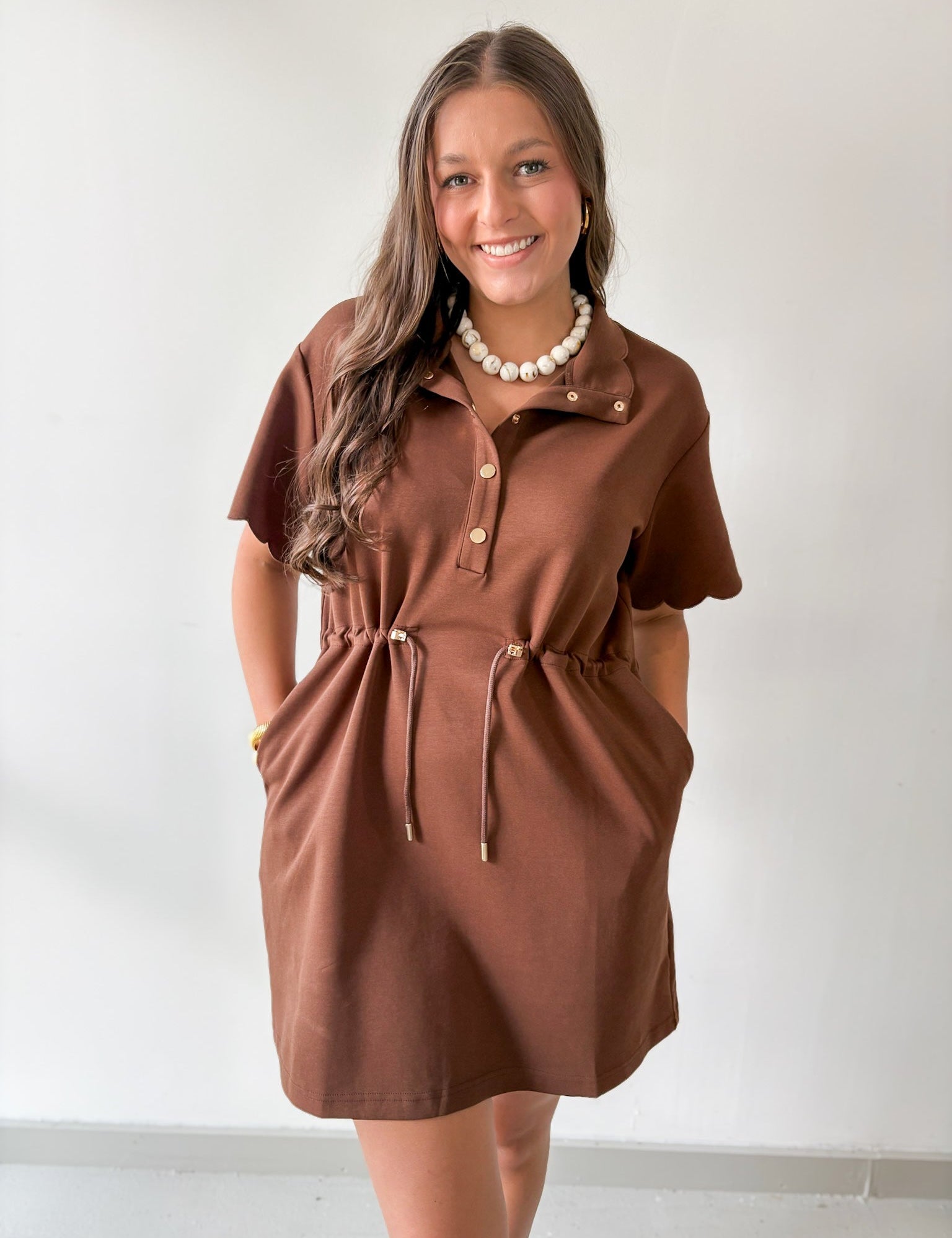 Self Tie Scallop Details Dress - Brown