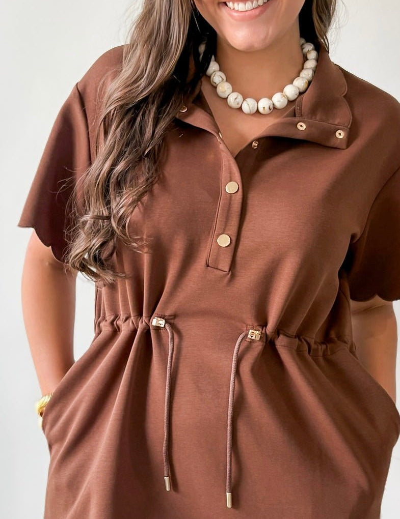 Self Tie Scallop Details Dress - Brown