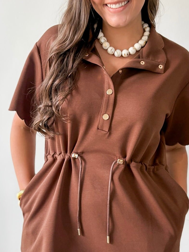 Self Tie Scallop Details Dress - Brown
