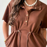Self Tie Scallop Details Dress - Brown