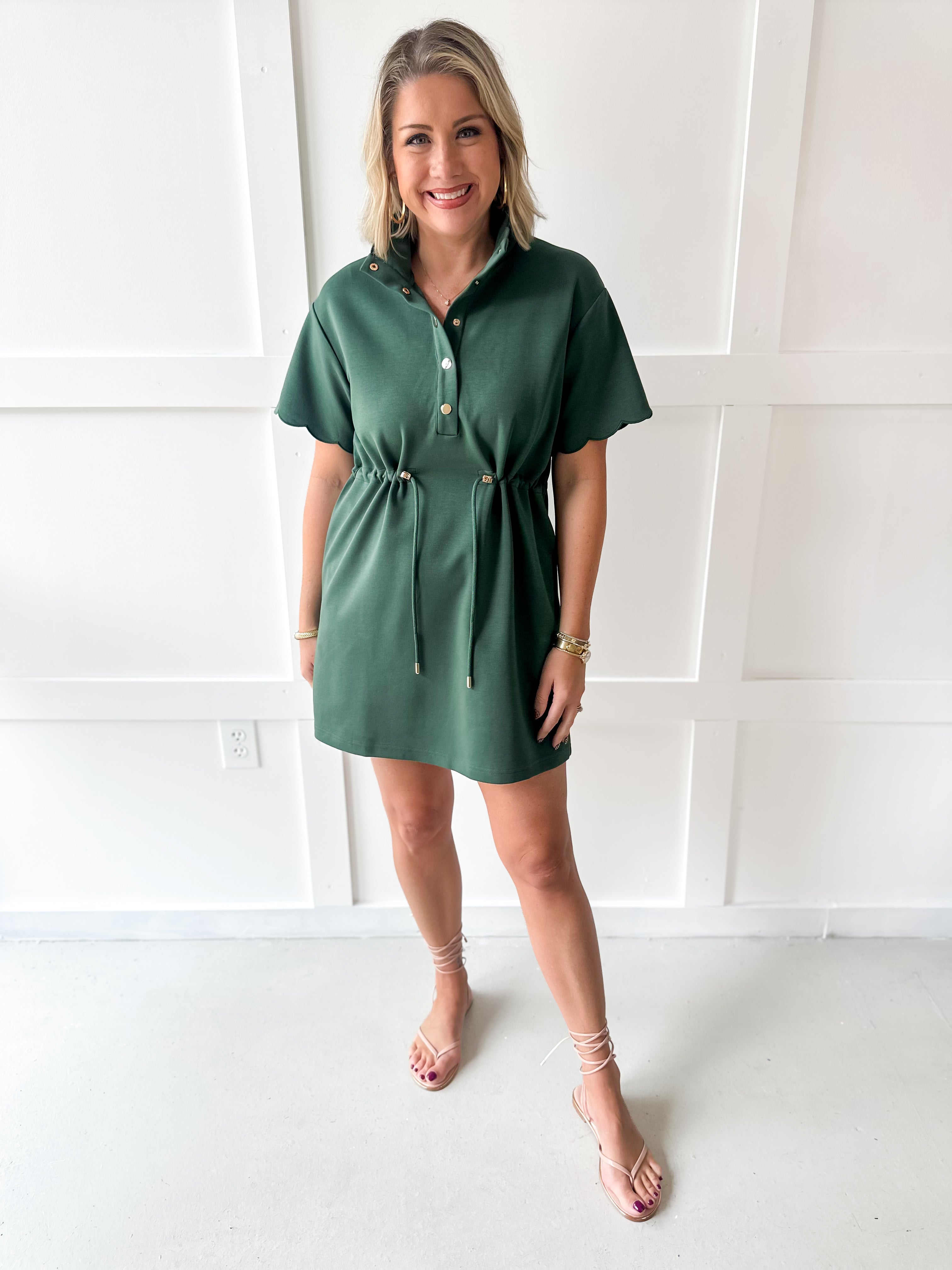 Self Tie Scallop Details Dress - Green