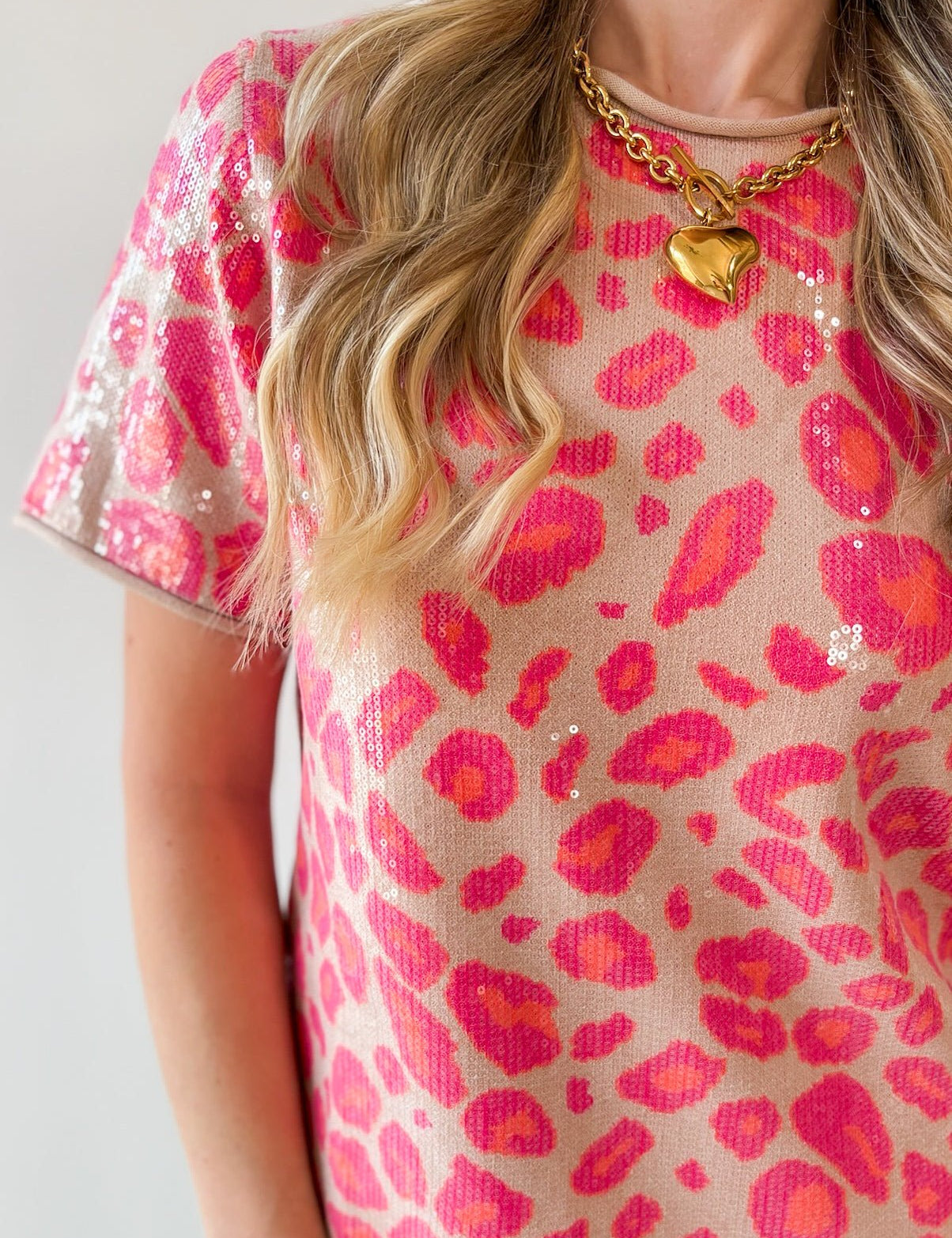 Sequins Covered Leopard Sweater - Pink