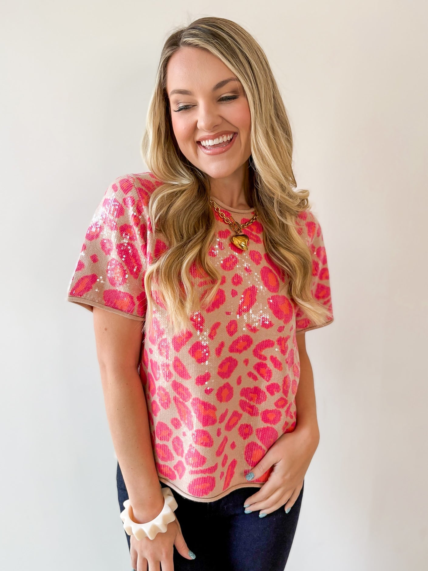 Sequins Covered Leopard Sweater - Pink