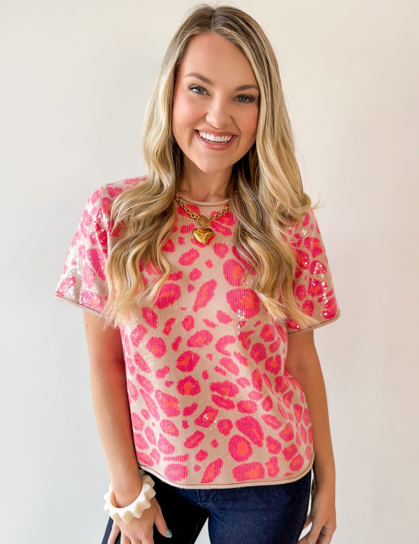 Sequins Covered Leopard Sweater - Pink