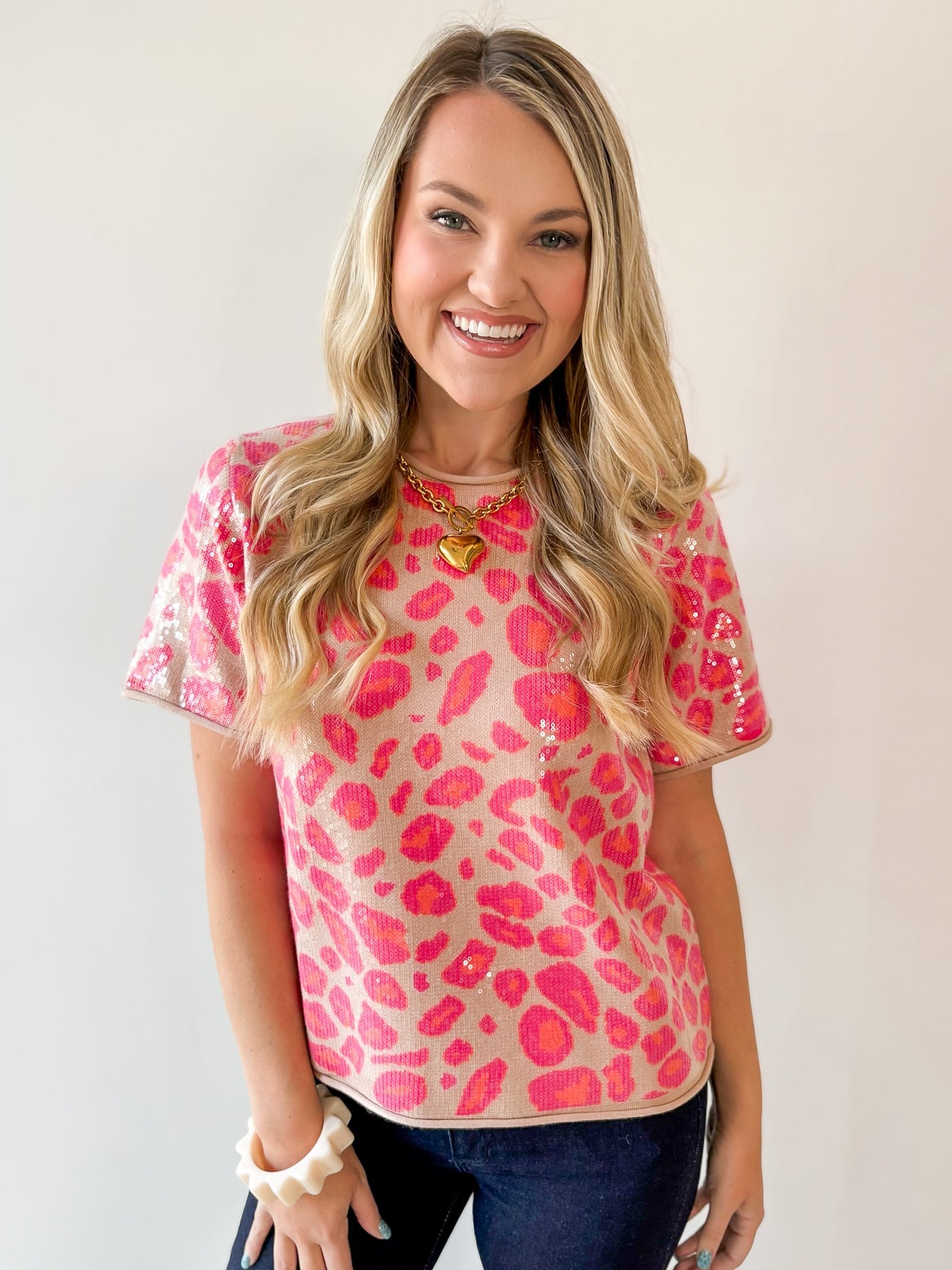 Sequins Covered Leopard Sweater - Pink