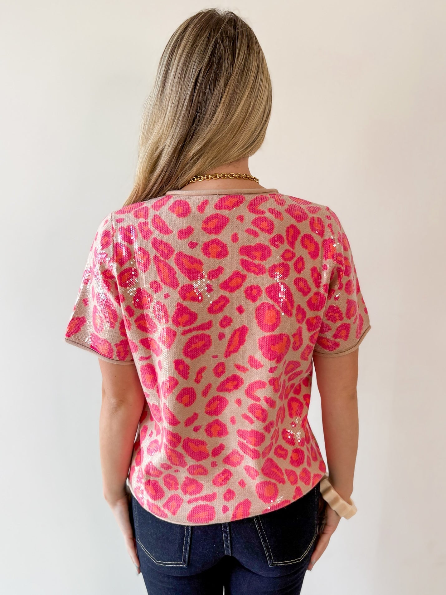 Sequins Covered Leopard Sweater - Pink
