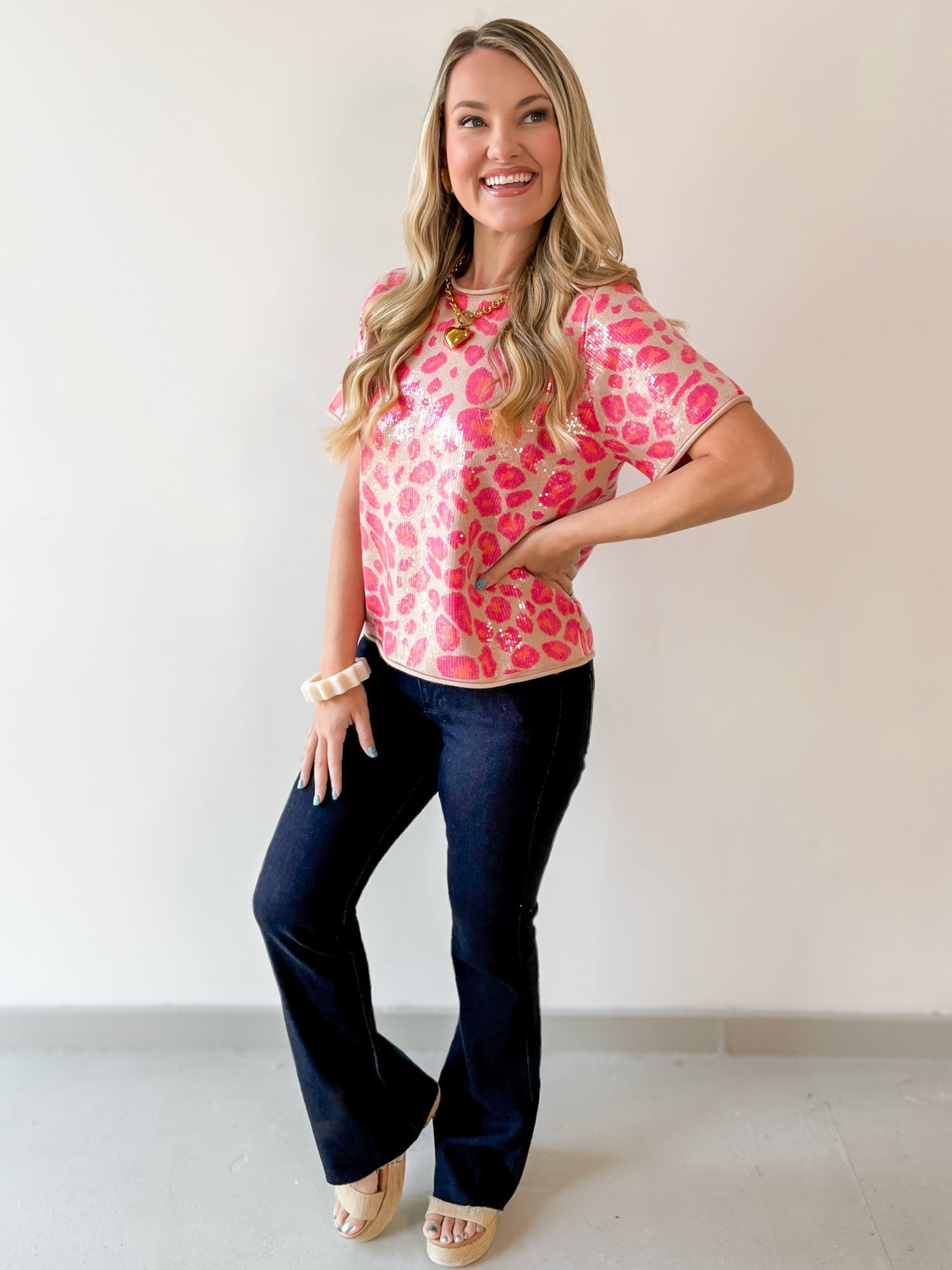 Sequins Covered Leopard Sweater - Pink