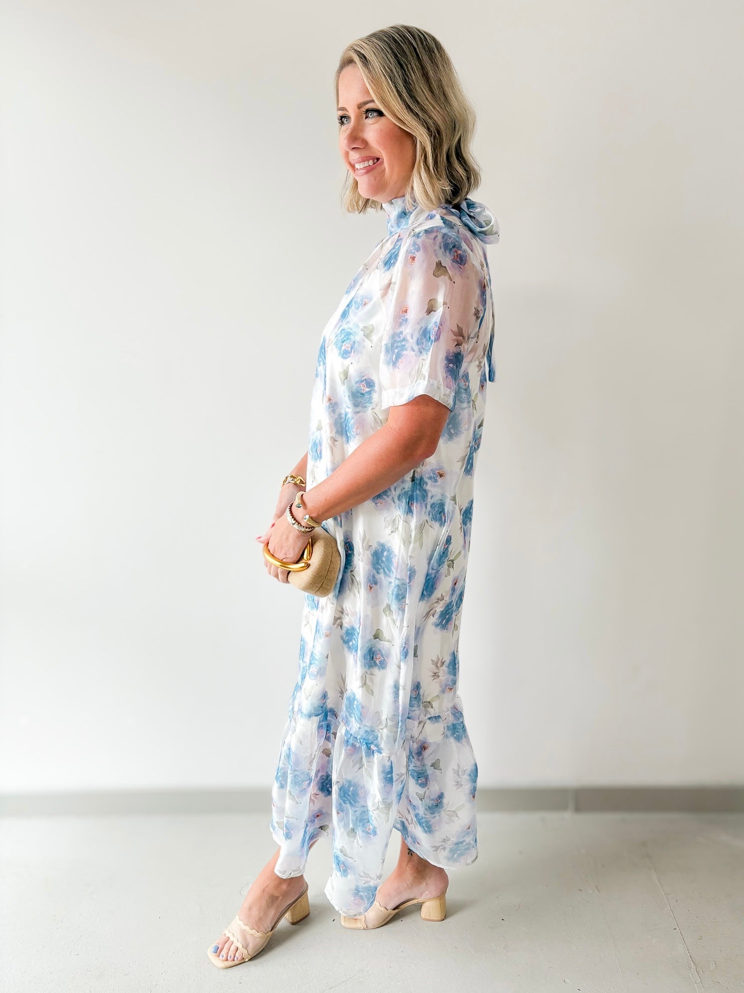 Sheer Floral Print Short Sleeve Midi Dress