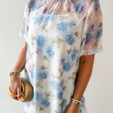 Sheer Floral Print Short Sleeve Midi Dress