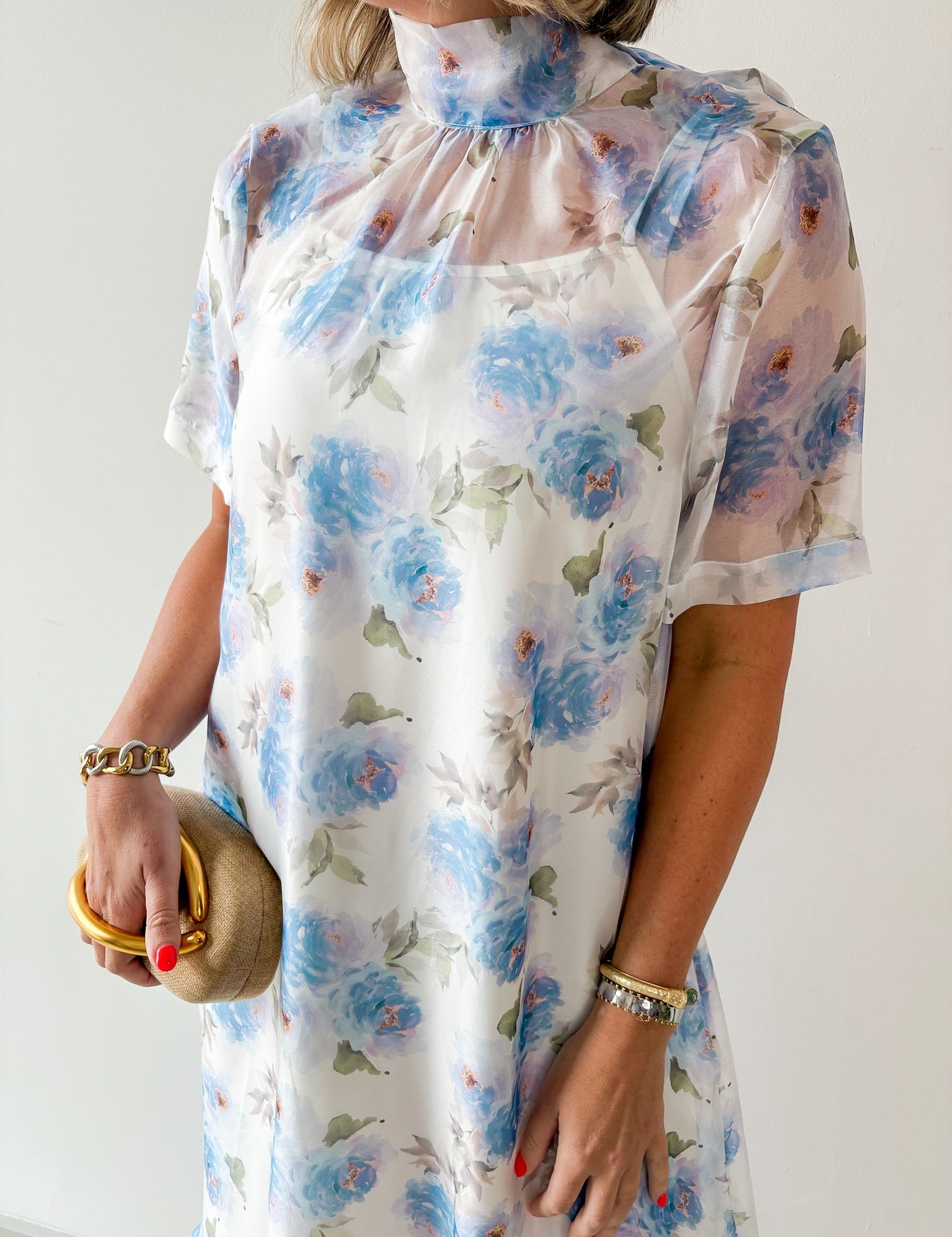Sheer Floral Print Short Sleeve Midi Dress