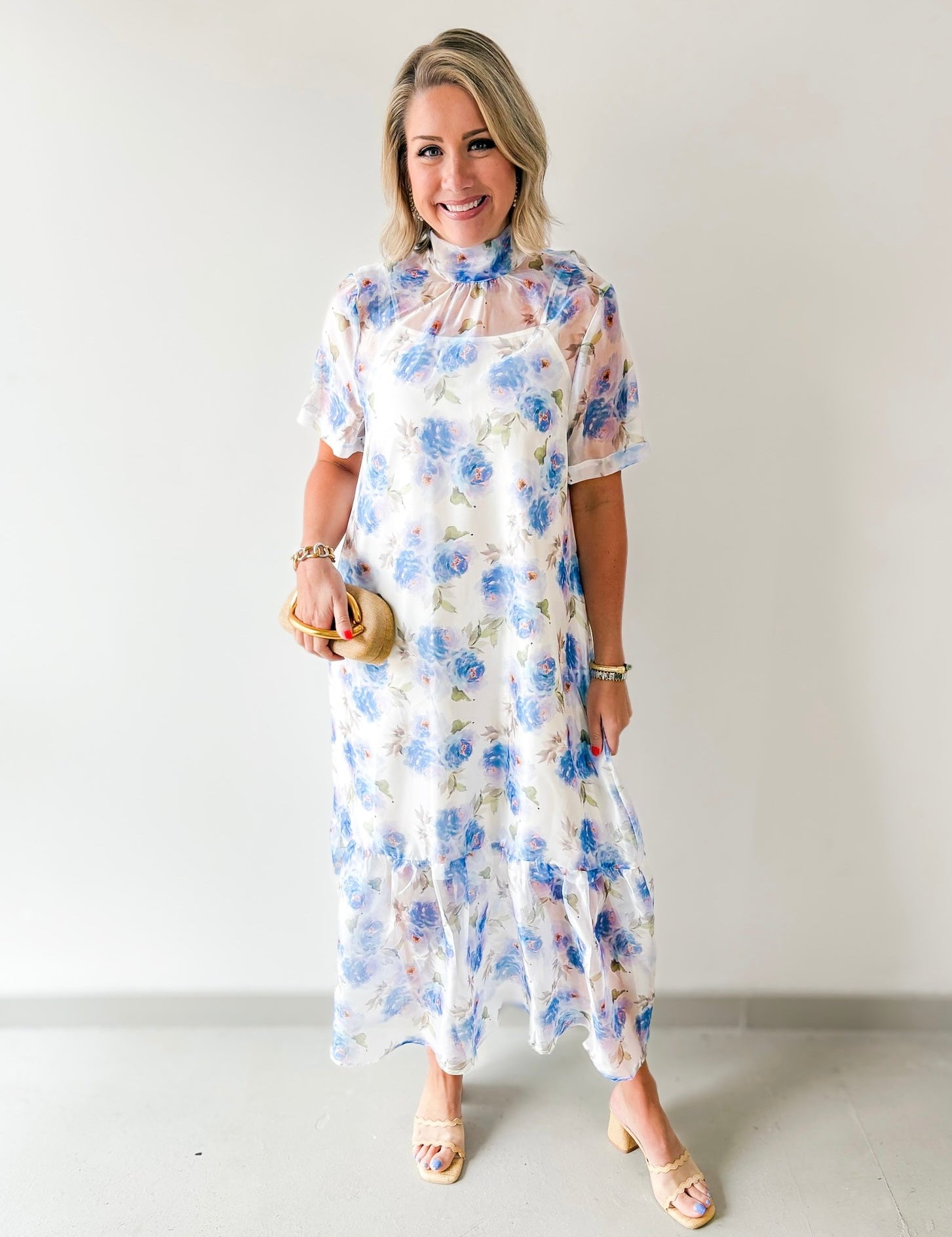 Sheer Floral Print Short Sleeve Midi Dress