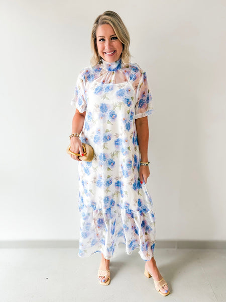 Sheer Floral Print Short Sleeve Midi Dress