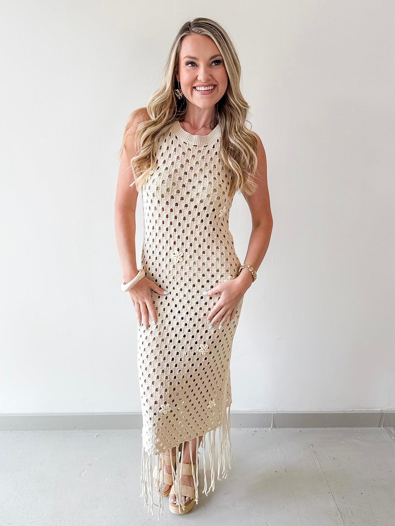 Shell Embellished Open Knit Maxi Dress