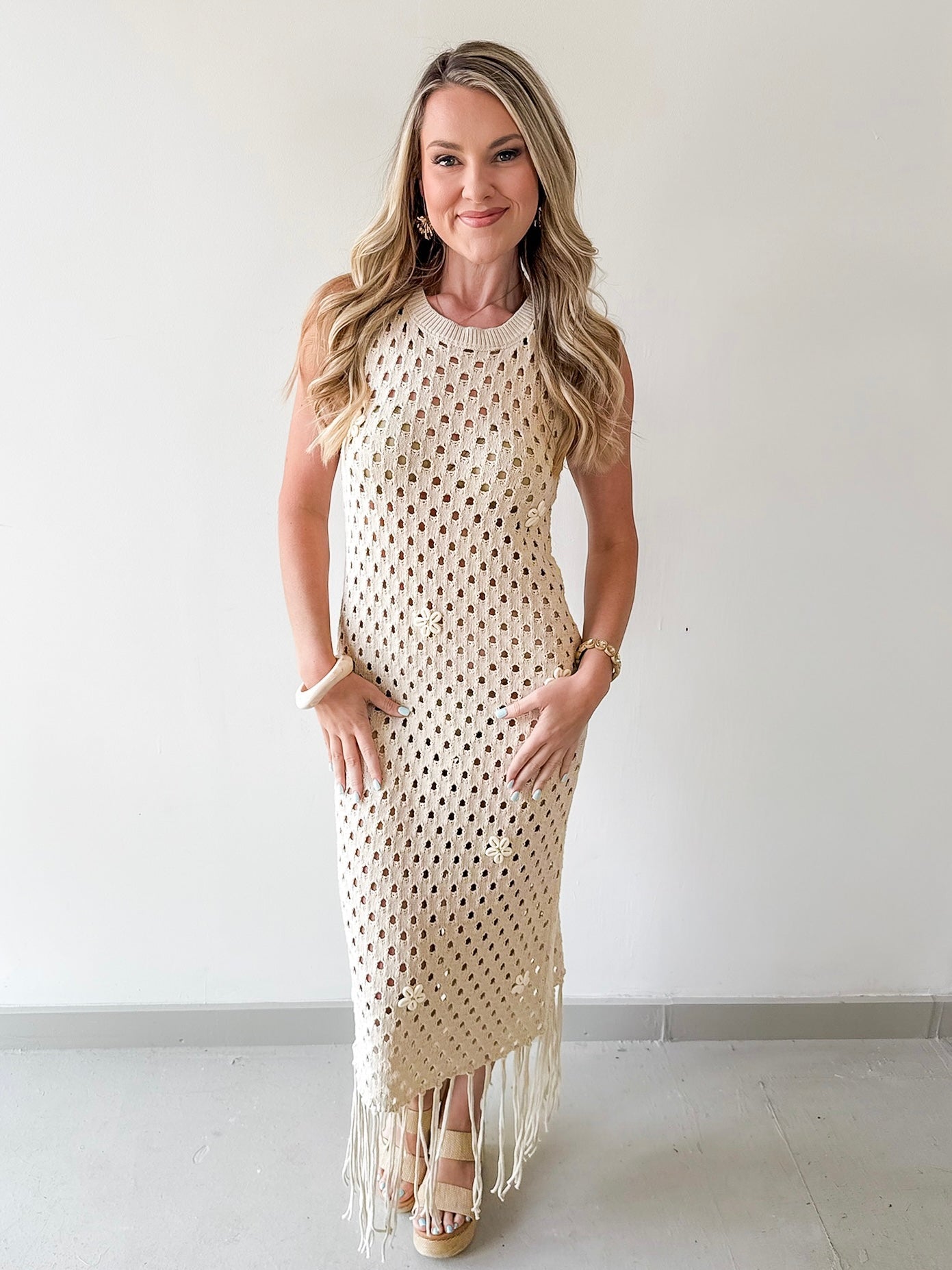 Shell Embellished Open Knit Maxi Dress