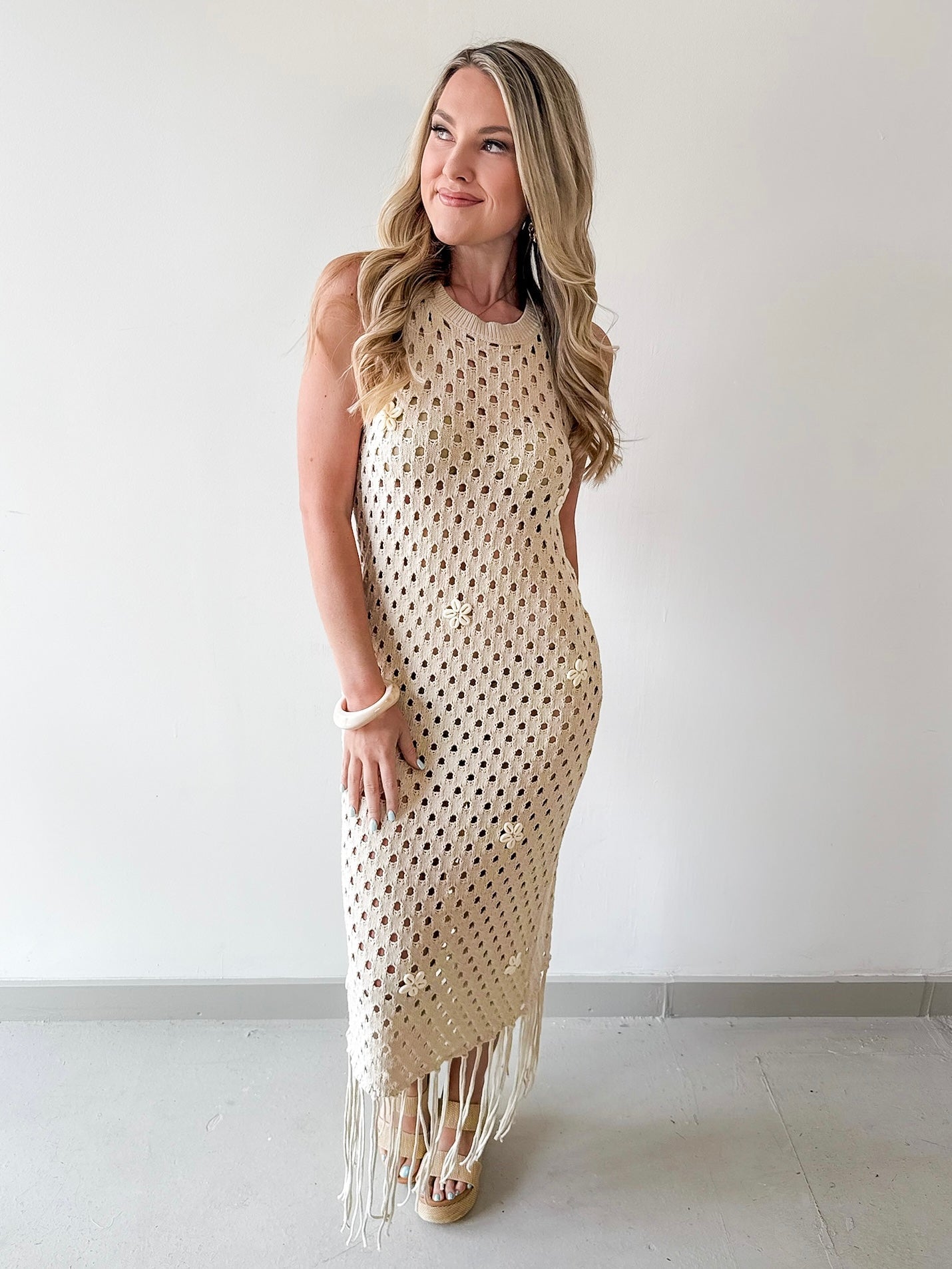 Shell Embellished Open Knit Maxi Dress
