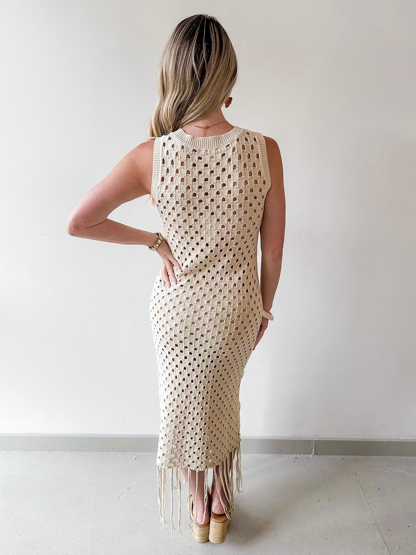 Shell Embellished Open Knit Maxi Dress