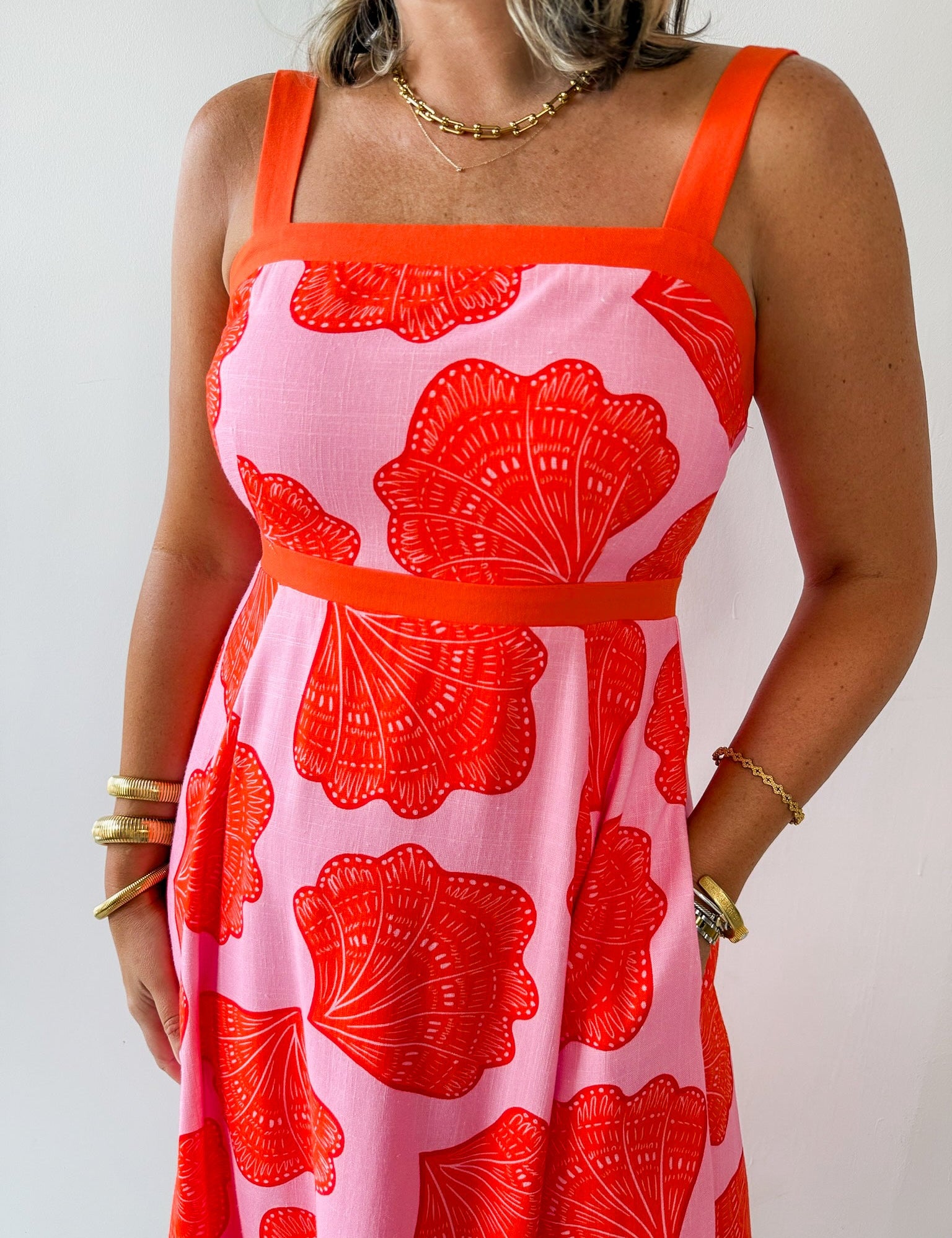 Shell Print with Square Neck Midi Dress
